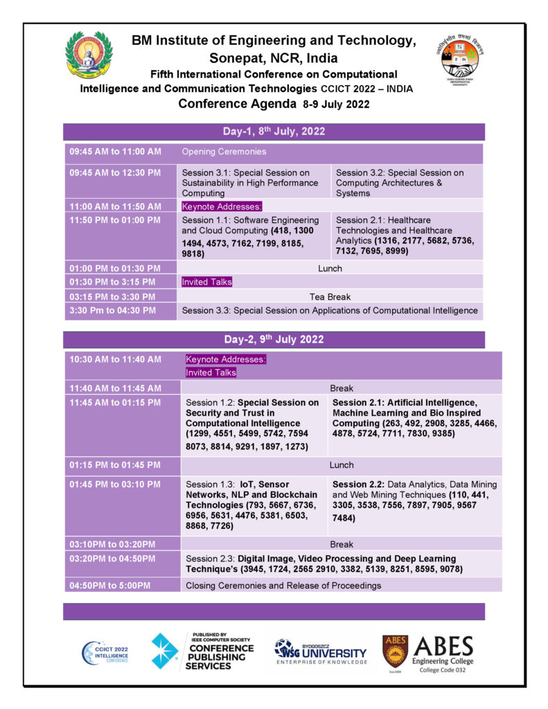 Conference Schedule – CCICT 2022 – INDIA